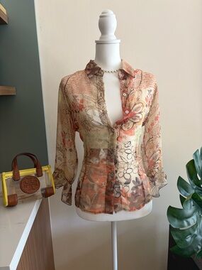 Sheer Floral Button-Front Blouse in Multi-Color
